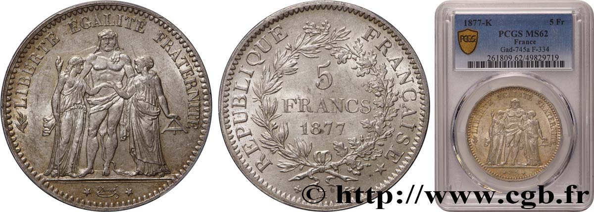 5 francs Hercule 1877 Bordeaux F.334/20 SPL62 PCGS