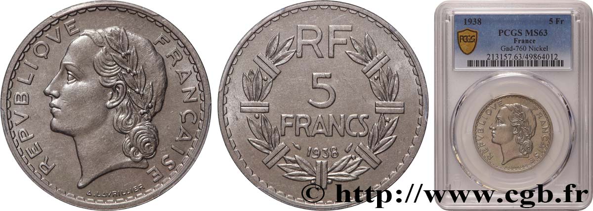 5 francs Lavrillier, nickel 1938  F.336/7 SPL63 PCGS
