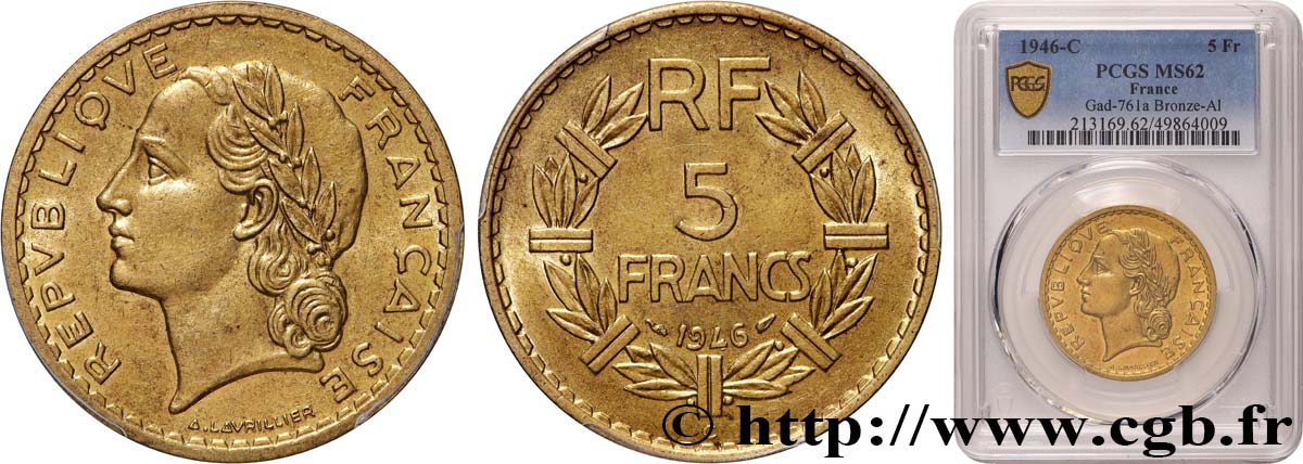 5 francs Lavrillier, bronze-aluminium 1946 Castelsarrasin F.337/8 VZ62 PCGS