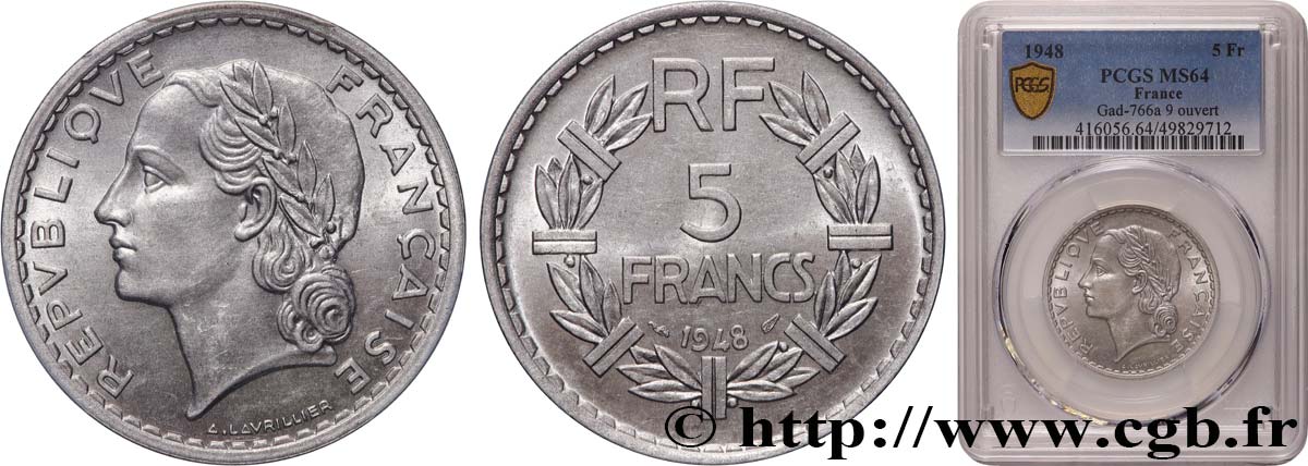 5 francs Lavrillier, aluminium, 9 ouvert 1948  F.339/13 SC64 PCGS