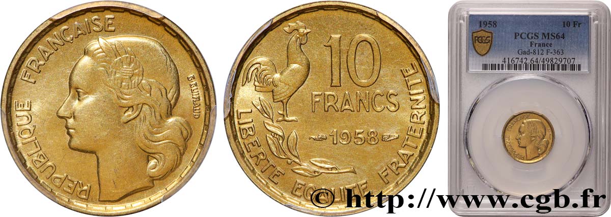 10 francs Guiraud 1958  F.363/14 SPL64 PCGS