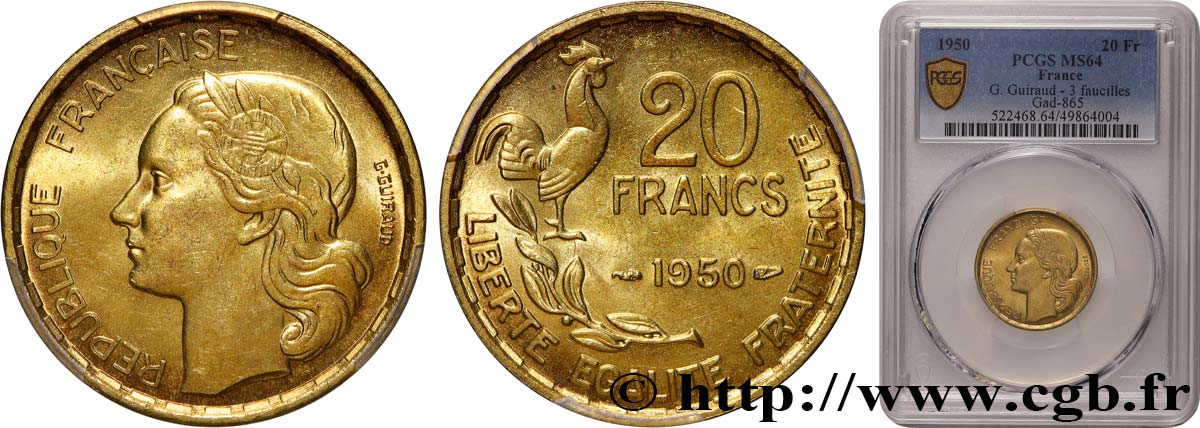 20 francs G. Guiraud, 3 faucilles 1950  F.402/2 fST64 PCGS