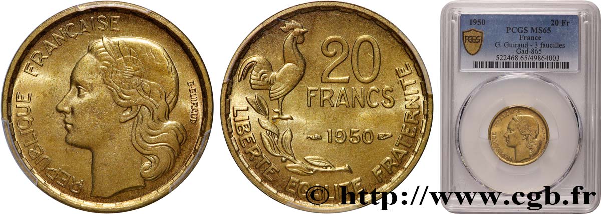 20 francs G. Guiraud, 3 faucilles 1950  F.402/2 MS65 PCGS