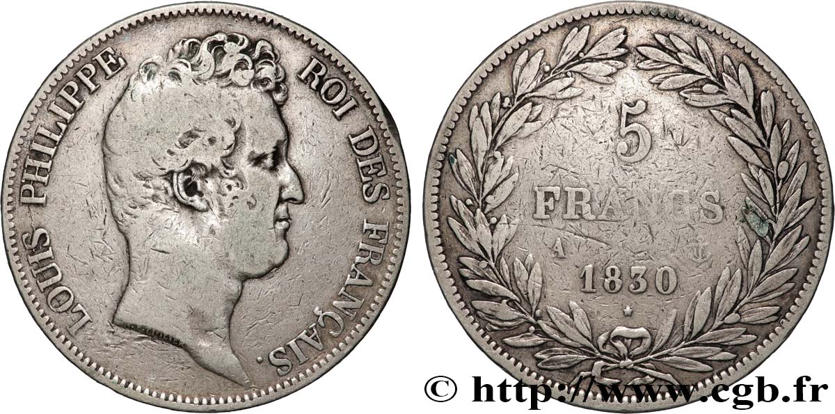 5 francs type Tiolier sans le I, tranche en creux 1830 Paris F.313/1 TB 