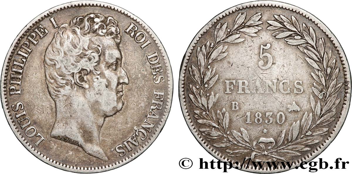 5 francs type Tiolier avec le I, tranche en creux 1830 Rouen F.315/2 TB+ 