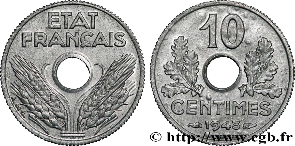 10 centimes État français, petit module 1943  F.142/2 MS64 