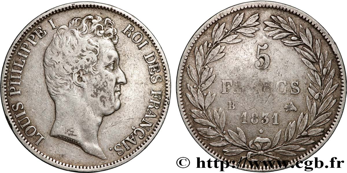 5 francs type Tiolier avec le I, tranche en creux 1831 Rouen F.315/15 S 