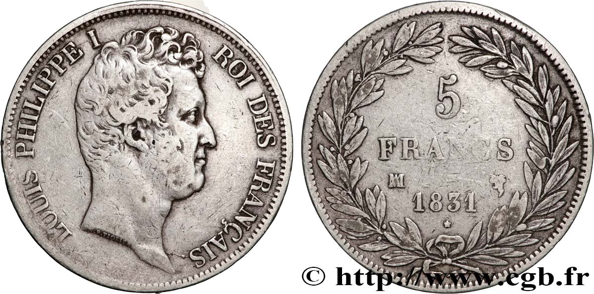 5 francs type Tiolier avec le I, tranche en creux 1831 Marseille F.315/23 TB+ 