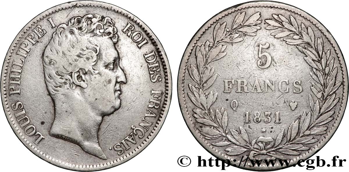 5 francs type Tiolier avec le I, tranche en creux 1831 Perpignan F.315/25 TB+ 