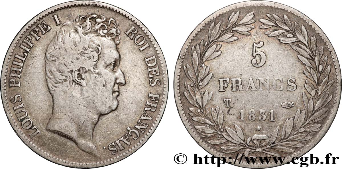 5 francs type Tiolier avec le I, tranche en creux 1831 Nantes F.315/26 fSS 