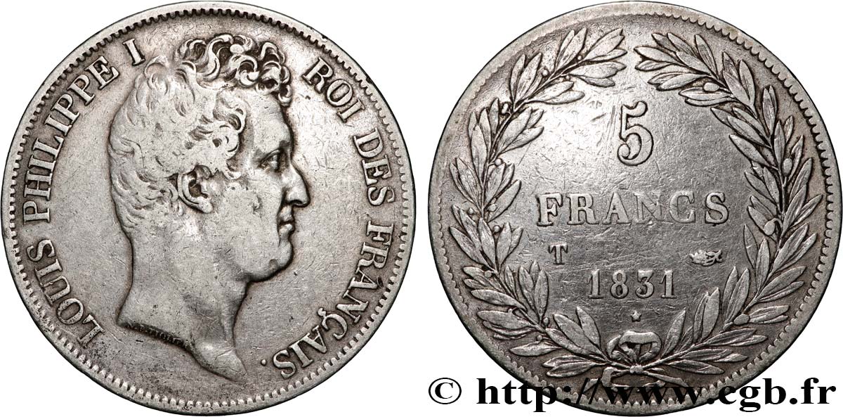 5 francs type Tiolier avec le I, tranche en creux 1831 Nantes F.315/26 fSS 