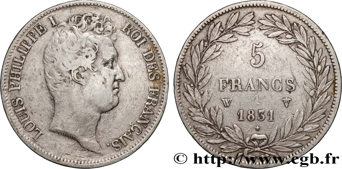 5 francs type Tiolier avec le I, tranche en creux 1831 Lille F.315/27 VF 