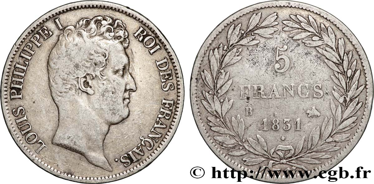 5 francs type Tiolier avec le I, tranche en relief 1831 Rouen F.316/3 S 