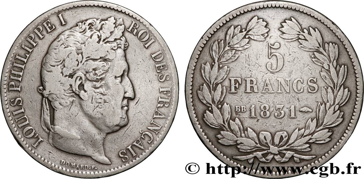 5 francs Ier type Domard, tranche en creux 1831 Strasbourg F.319/1 S 