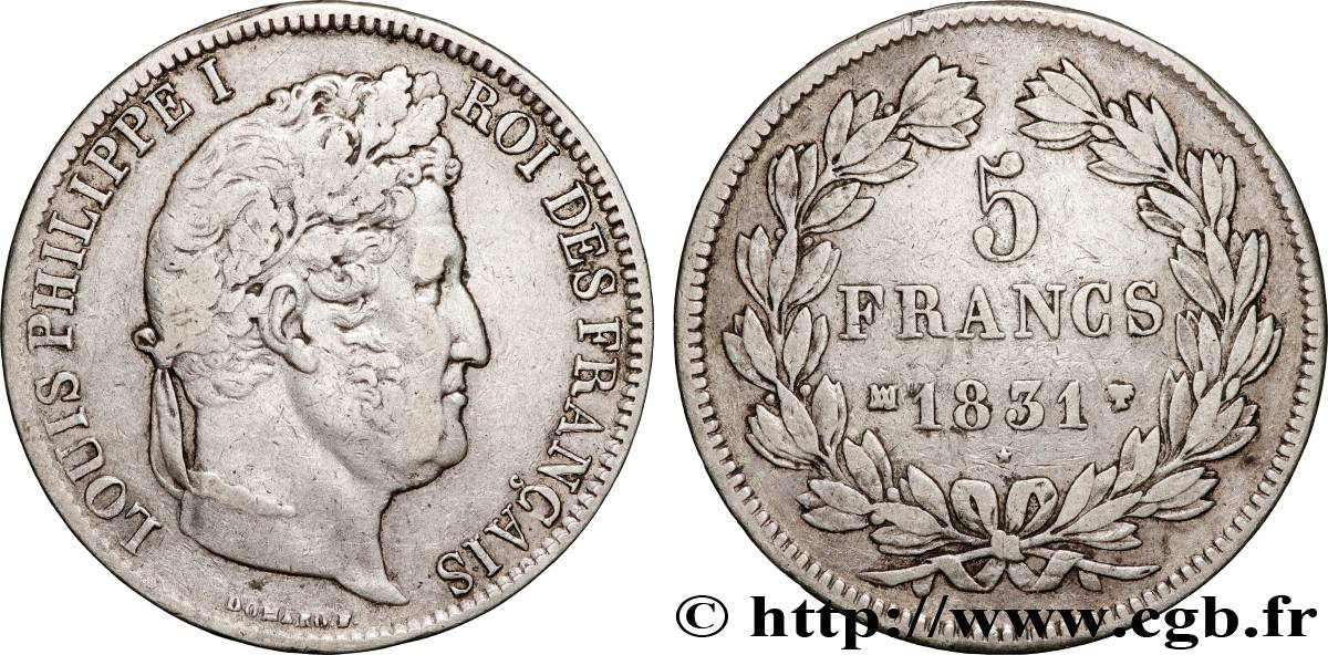 5 francs Ier type Domard, tranche en creux 1831 Marseille F.319/6 MBC 