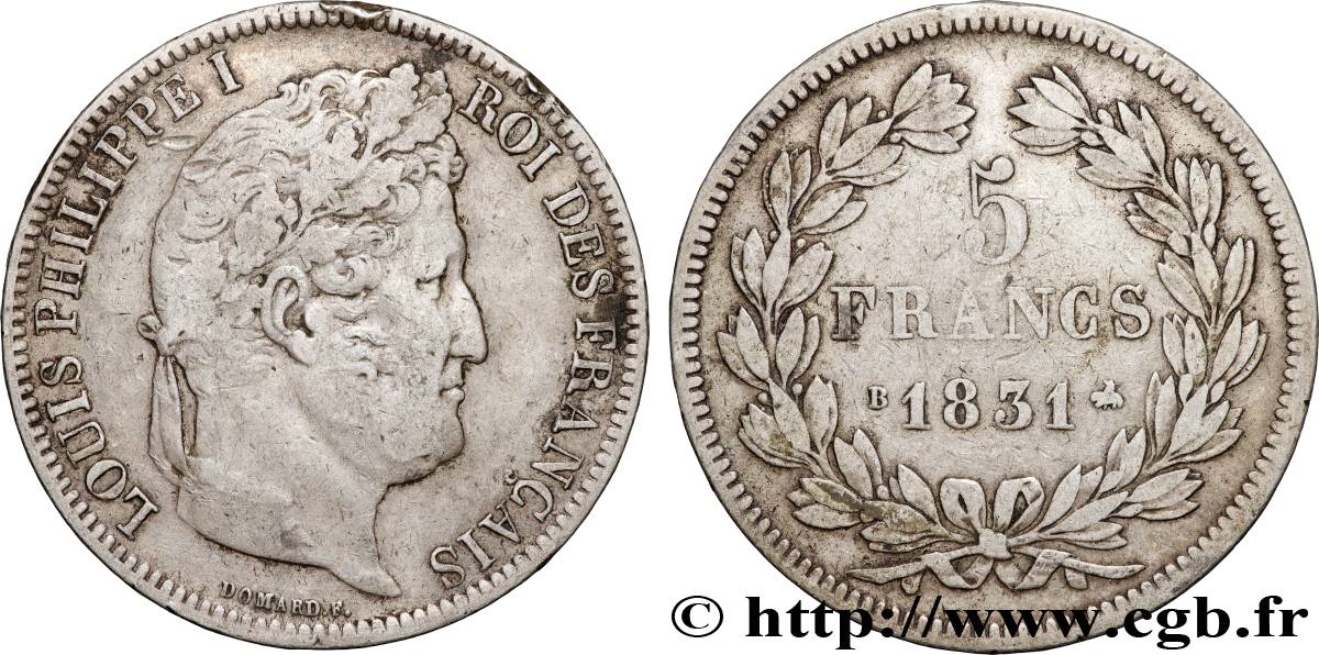 5 francs Ier type Domard, tranche en relief 1831 Rouen F.320/2 q.BB 