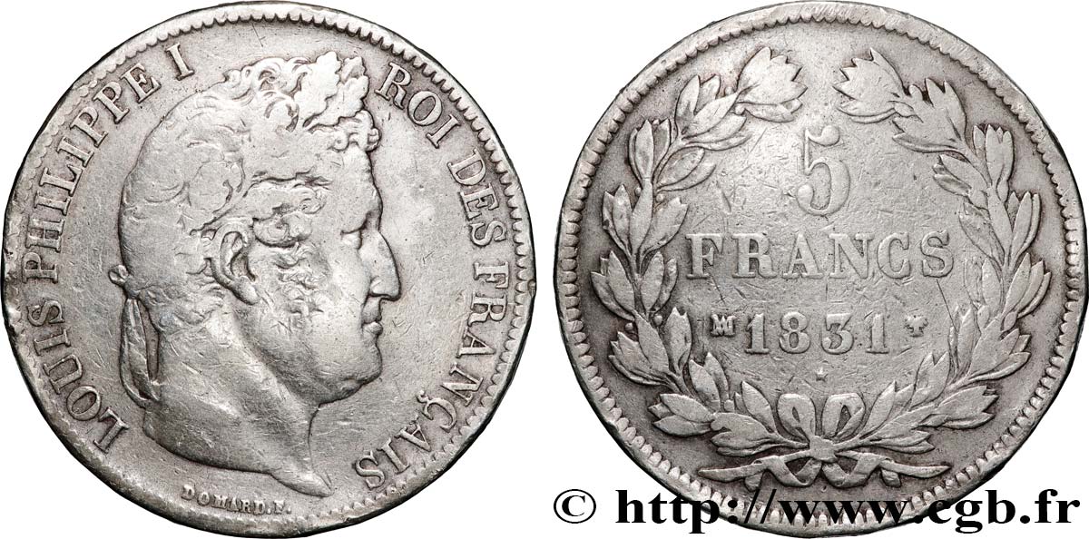 5 francs Ier type Domard, tranche en relief 1831 Marseille F.320/10 VF 