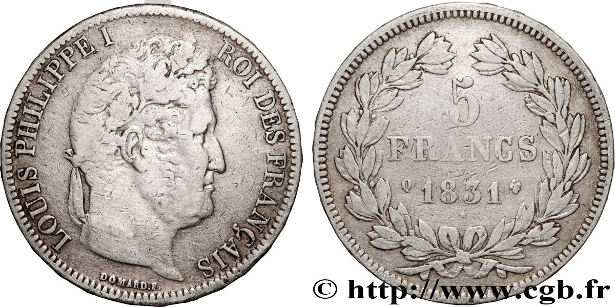 5 francs Ier type Domard, tranche en relief 1831 Perpignan F.320/11 S 