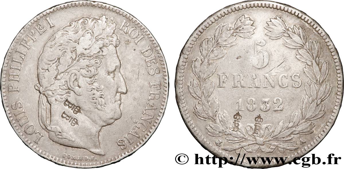 5 francs IIe type Domard, Contremarqué 1832 Paris F.324/1 var. TTB 