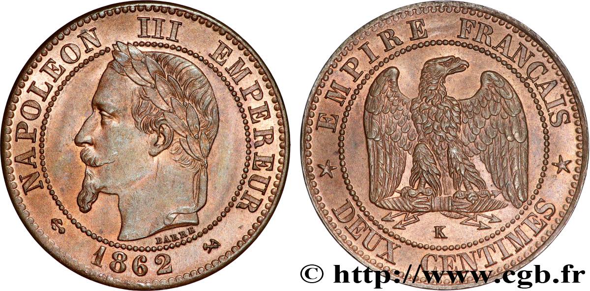 Deux centimes Napoléon III, tête laurée, buste définitif 1862 Bordeaux F.108A/7 EBC62 