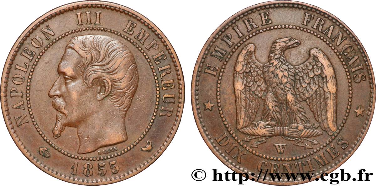 Dix centimes Napoléon III, tête nue 1855 Lille F.133/33 MBC+ 