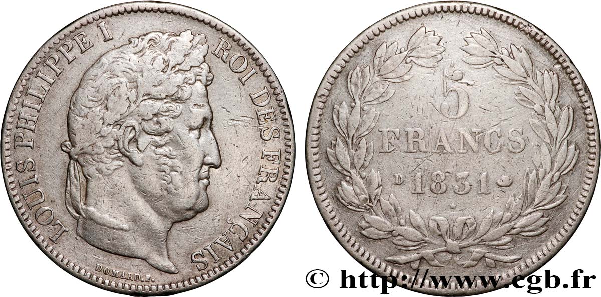 5 francs Ier type Domard, tranche en creux 1831 Lyon F.319/2 q.BB 