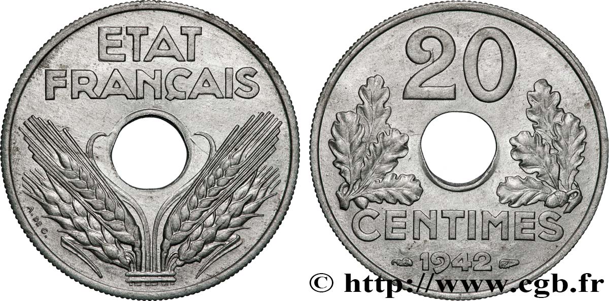 20 centimes État français, lourde 1942  F.153/4 EBC62 