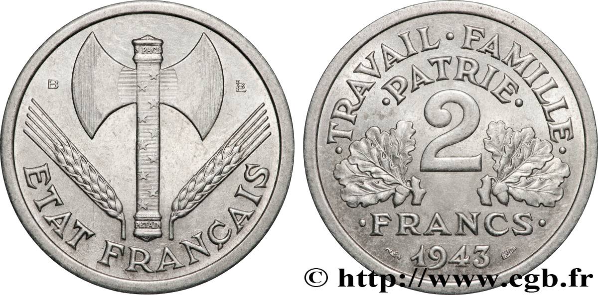 2 francs Francisque 1943 Beaumont-Le-Roger F.270/3 EBC+ 