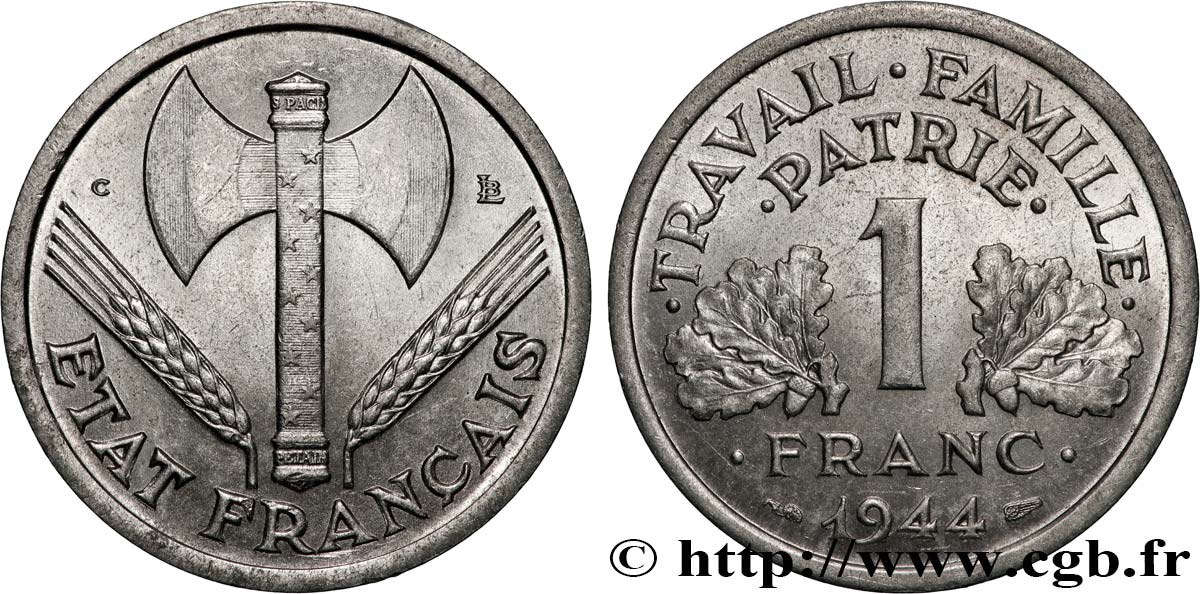 1 franc Francisque, légère, petit c 1944 Castelsarrasin F.223/8 SUP60 