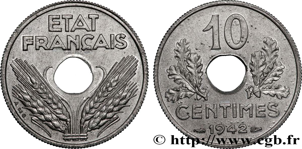 10 centimes État français, grand module 1942  F.141/4 MS63 