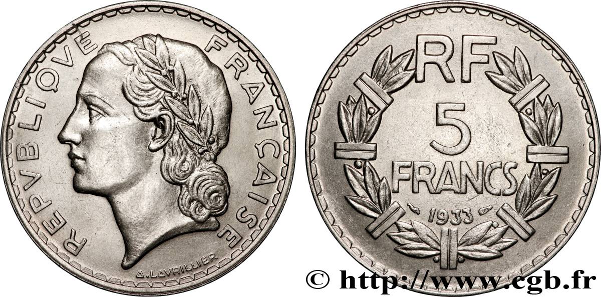 5 francs Lavrillier, nickel 1933  F.336/2 EBC62 