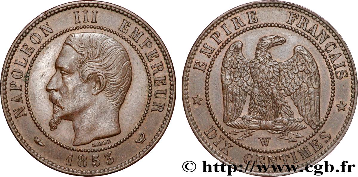 Dix centimes Napoléon III, tête nue 1853 Lille F.133/10 AU55 