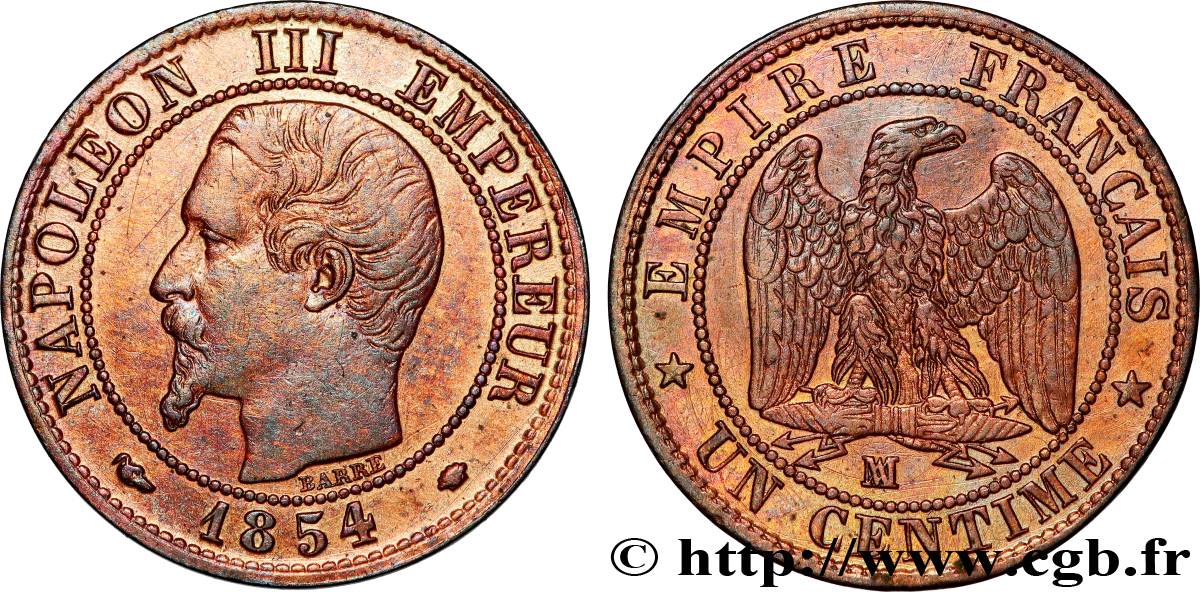 Un centime Napoléon III, tête nue 1854 Marseille F.102/14 VZ 