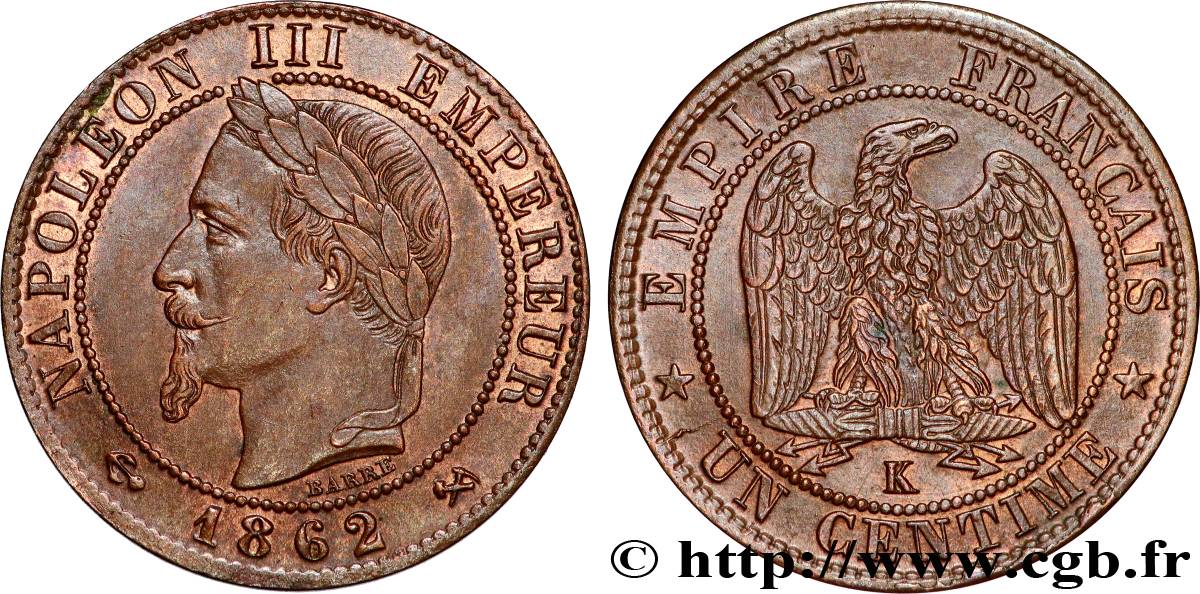 Un centime Napoléon III, tête laurée 1862 Bordeaux F.103/7 VZ60 