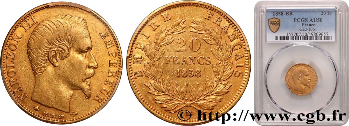 20 francs or Napoléon III, tête nue 1858 Strasbourg F.531/14 SS50 PCGS