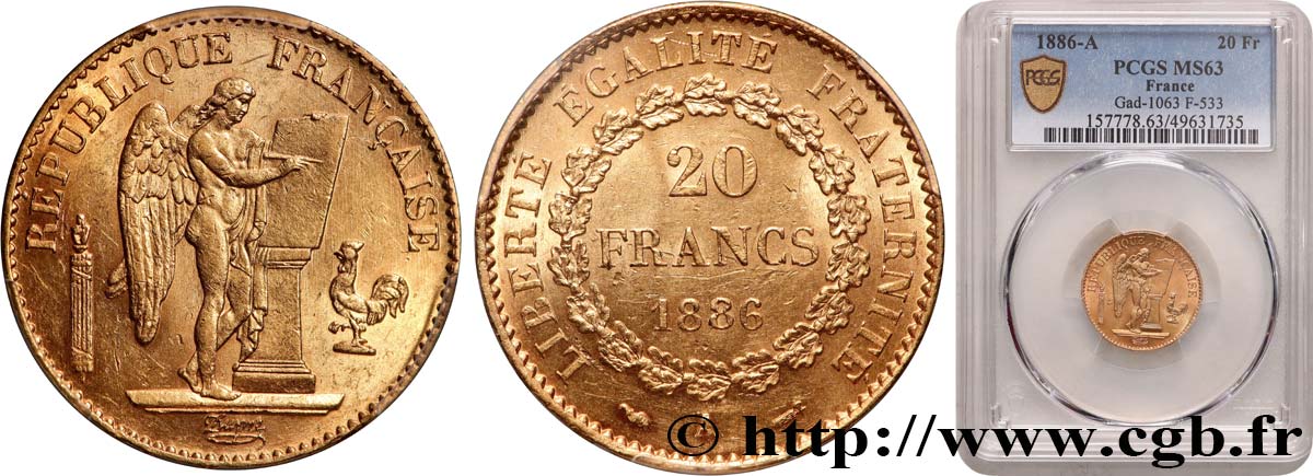 20 francs or Génie, IIIe République 1886 Paris F.533/9 MS63 PCGS