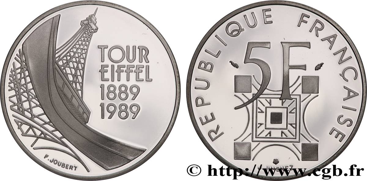 Belle Épreuve argent 5 francs Tour Eiffel 1989 Paris F5.1200 3 FDC 