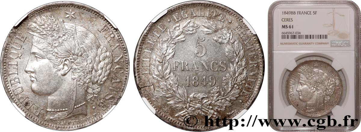 5 francs Cérès, IIe République 1849 Strasbourg F.327/3 SPL61 NGC