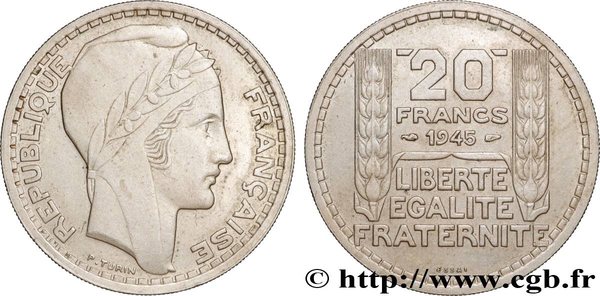 Essai de 20 francs Turin en cupro-nickel 1945 Paris GEM.206 1 SUP+ 