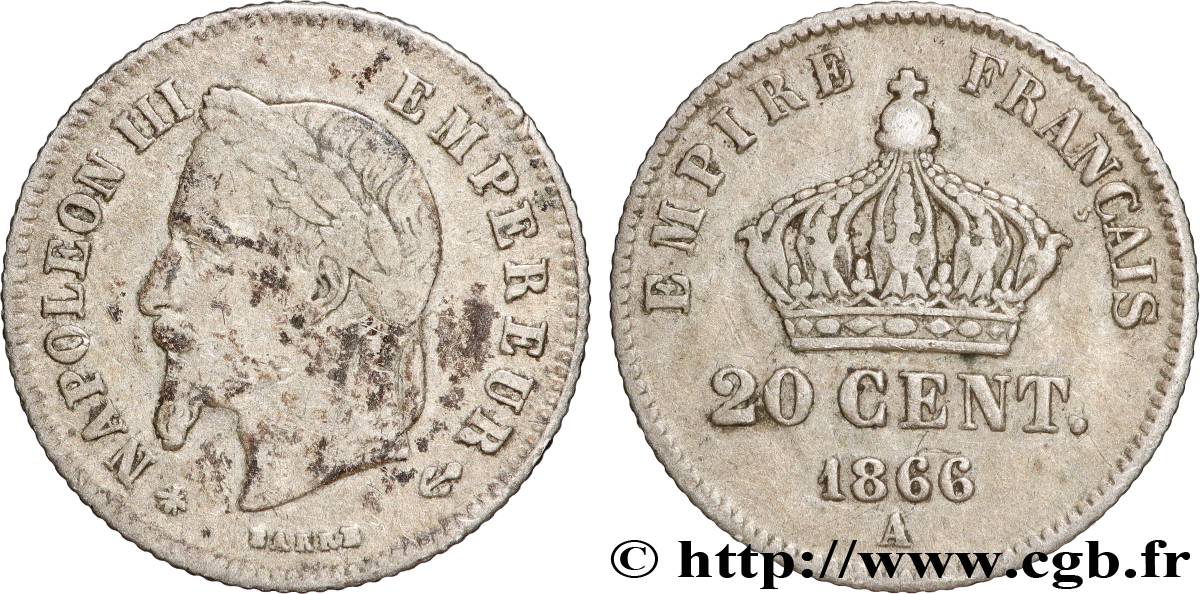 20 centimes Napoléon III, tête laurée, petit module 1866 Paris F.149/4 S 