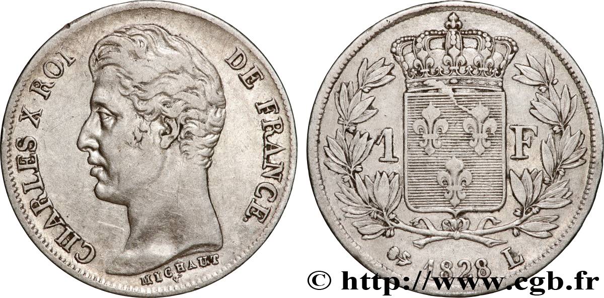 1 franc Charles X, matrice du revers à quatre feuilles 1828 Bayonne F.207A/8 MB 