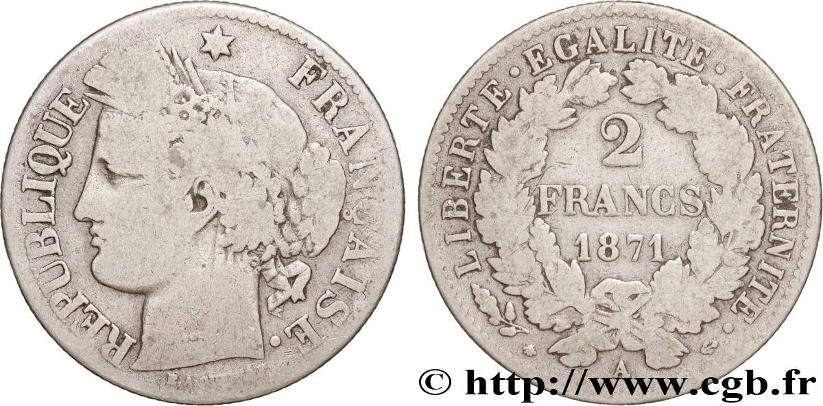 2 francs Cérès, avec légende 1871 Paris F.265/4 q.MB 