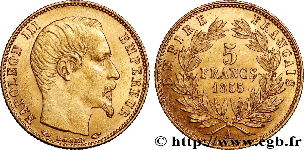 5 francs or Napoléon III, tête nue, petit module, tranche cannelée 1855 Paris F.500A/2 VZ+ 