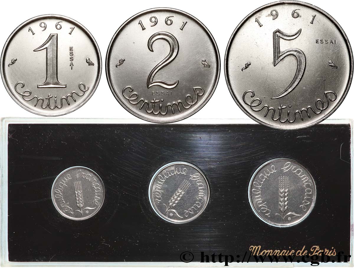 Série de trois essais de 1, 2 et 5 centimes acier, type Épi 1961 Paris F.106/3 MS/MS 