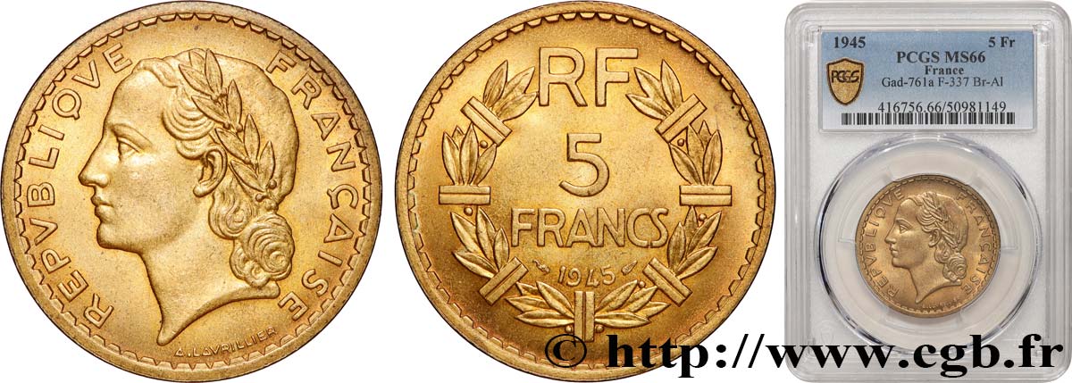 5 francs Lavrillier, bronze-aluminium 1945  F.337/5 FDC66 PCGS