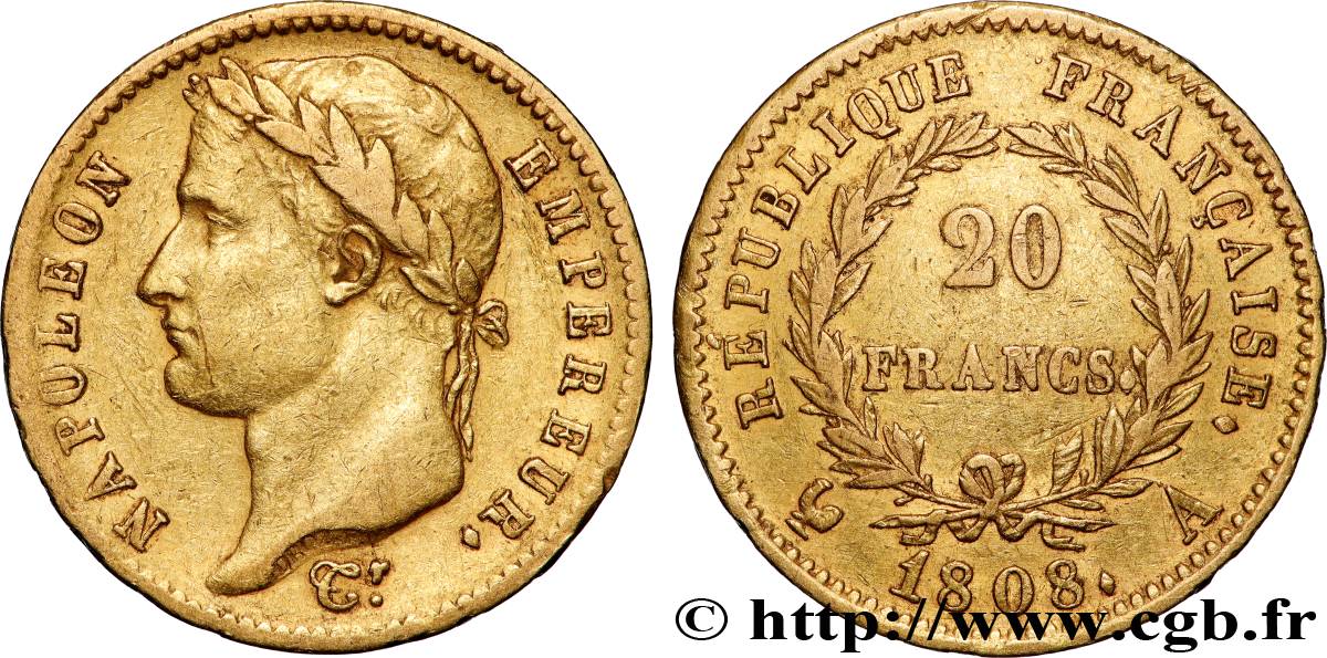 20 francs or Napoléon tête laurée, République française 1808 Paris F.515/2 TB+ 