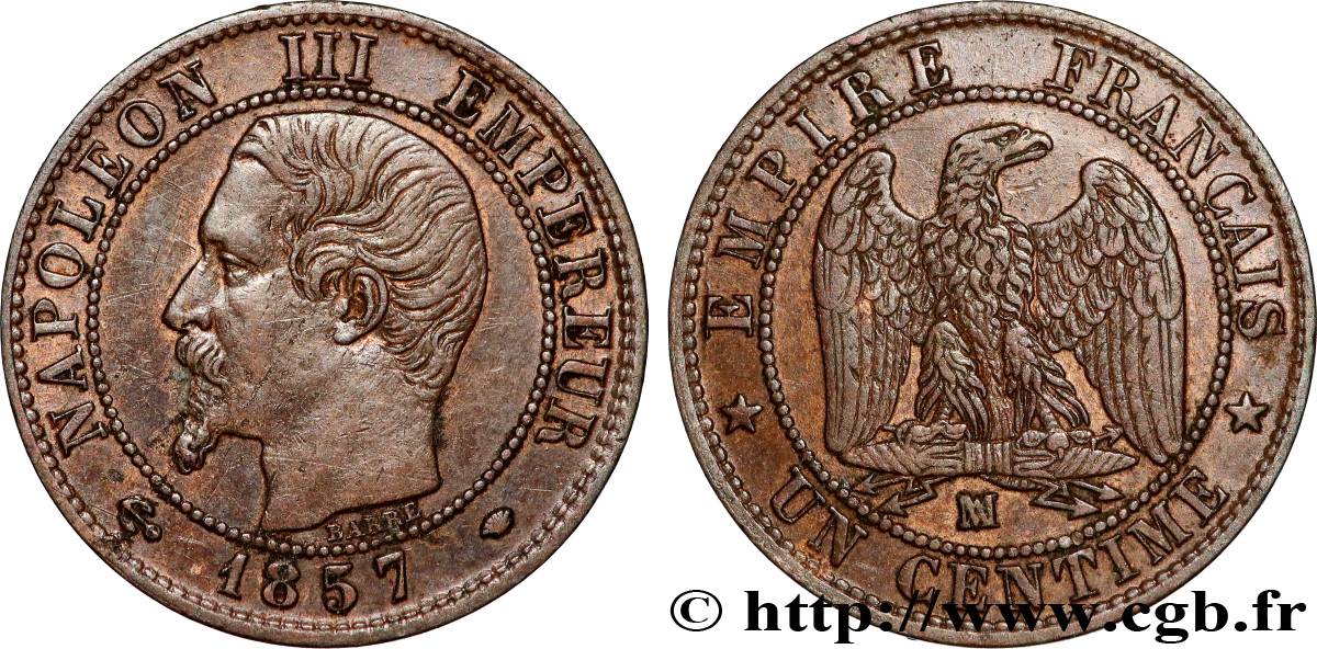 Un centime Napoléon III, tête nue 1857 Marseille F.102/37 TTB 