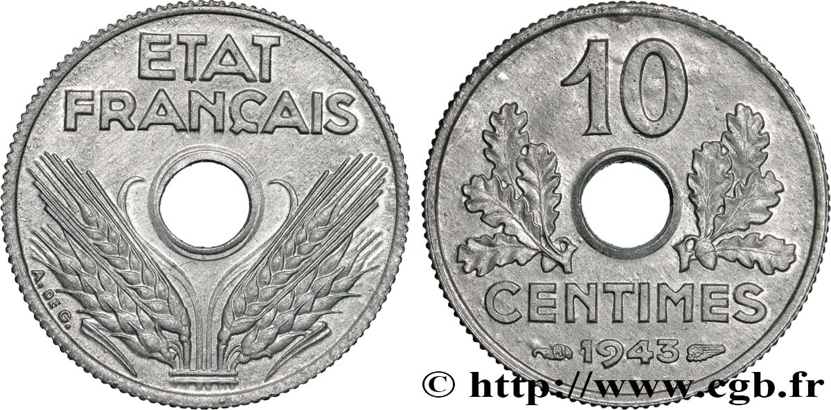 10 centimes État français, petit module 1943  F.142/2 SPL63 