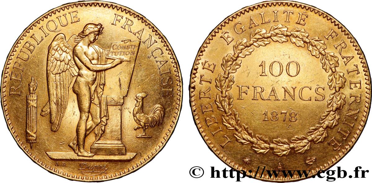 100 francs or Génie, tranche inscrite en relief Dieu protège la France 1878 Paris F.552/1 TTB+ 