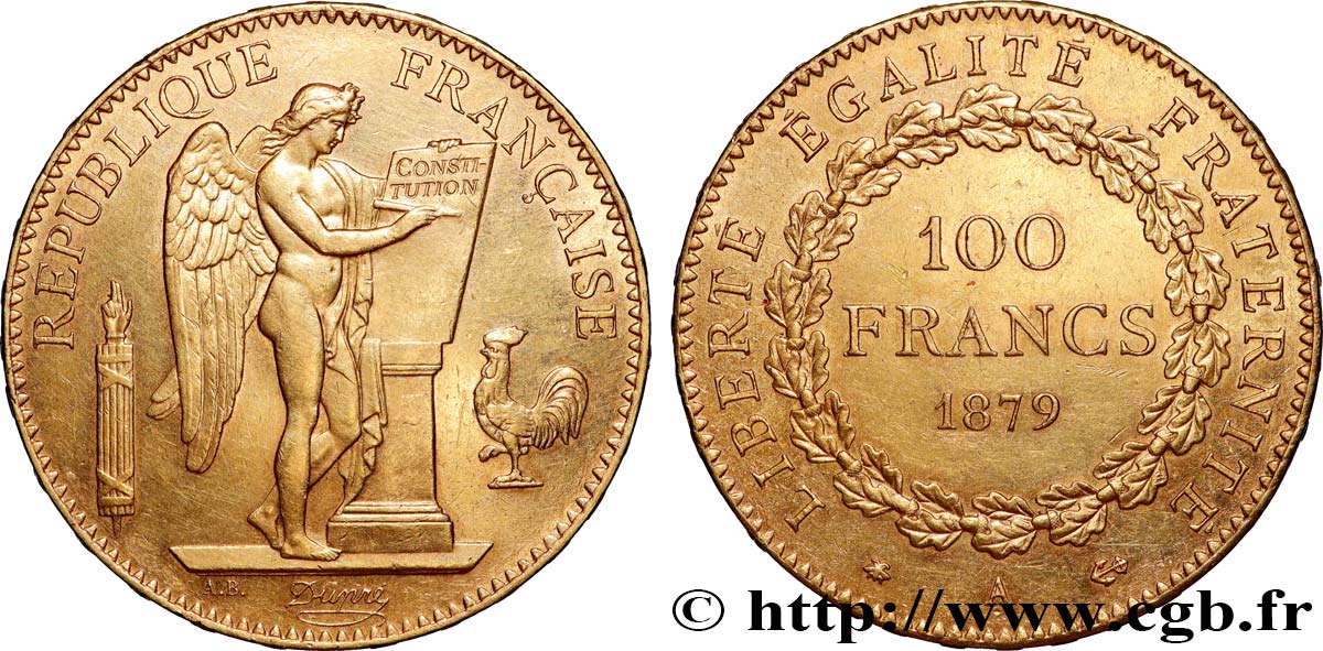 100 francs or Génie, tranche inscrite en relief Dieu protège la France 1879 Paris F.552/3 AU 